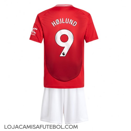 Camisa de Futebol Manchester United Rasmus Hojlund #9 Equipamento Principal Infantil 2024-25 Manga Curta (+ Calças curtas)